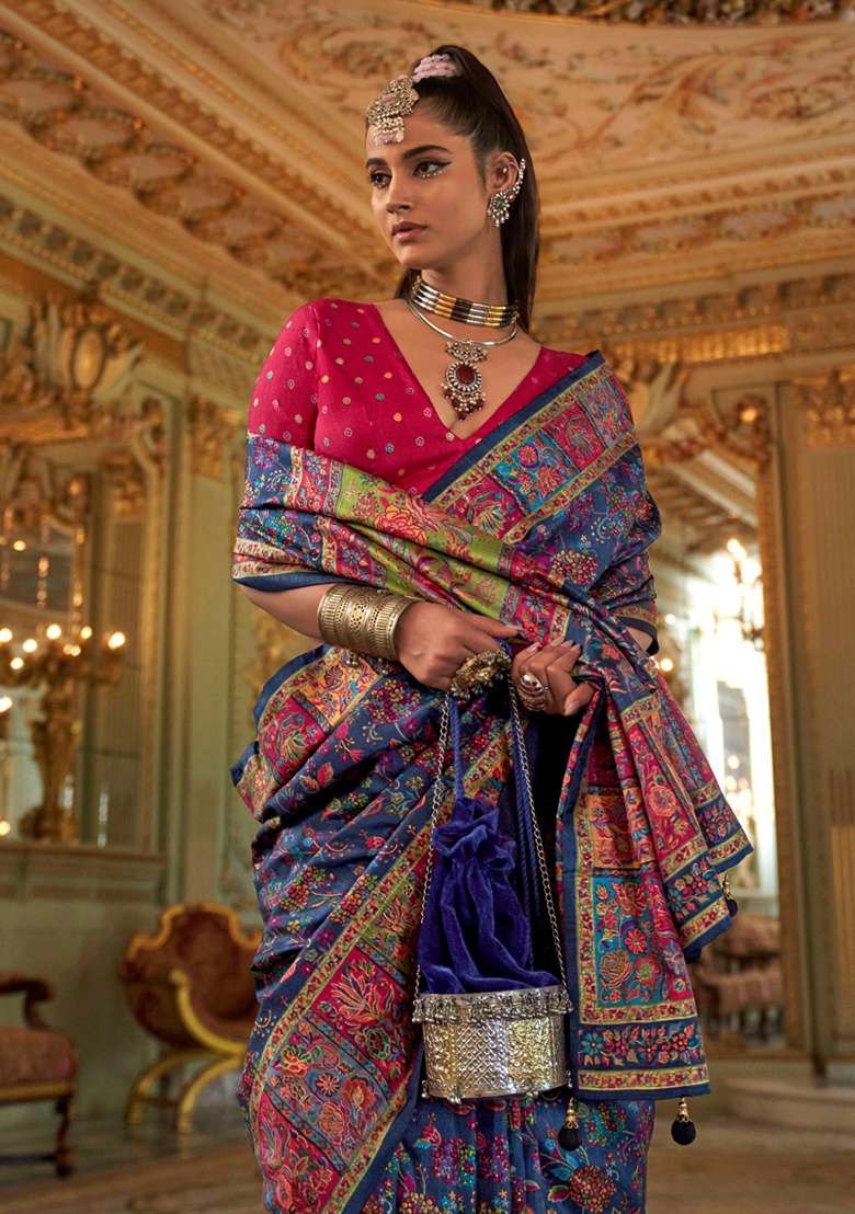 Blue Embroidery Viscose Saree Set - Indya