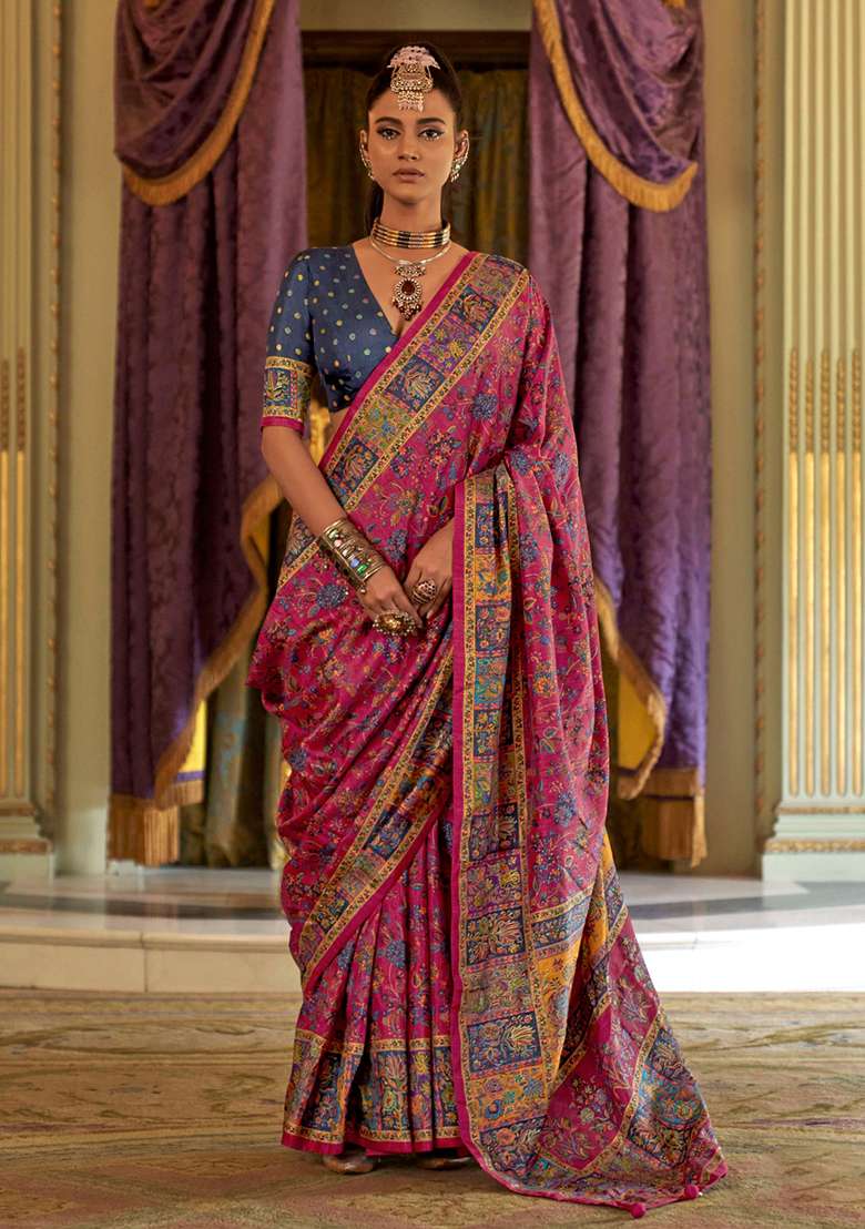 Pink Embroidery Viscose Saree Set - Indya
