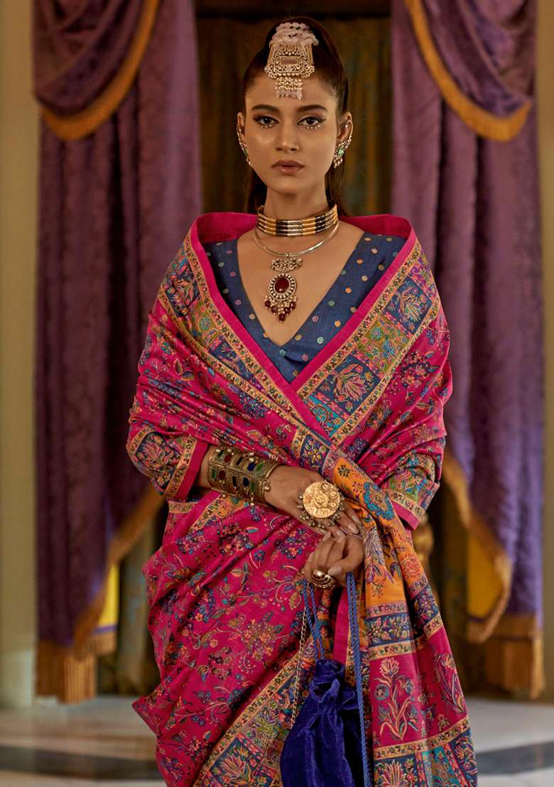 Pink Embroidery Viscose Saree Set - Indya