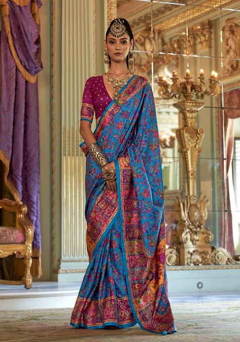 Sky Blue Embroidery Viscose Saree Set