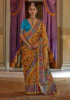 Yellow Embroidery Viscose Saree Set