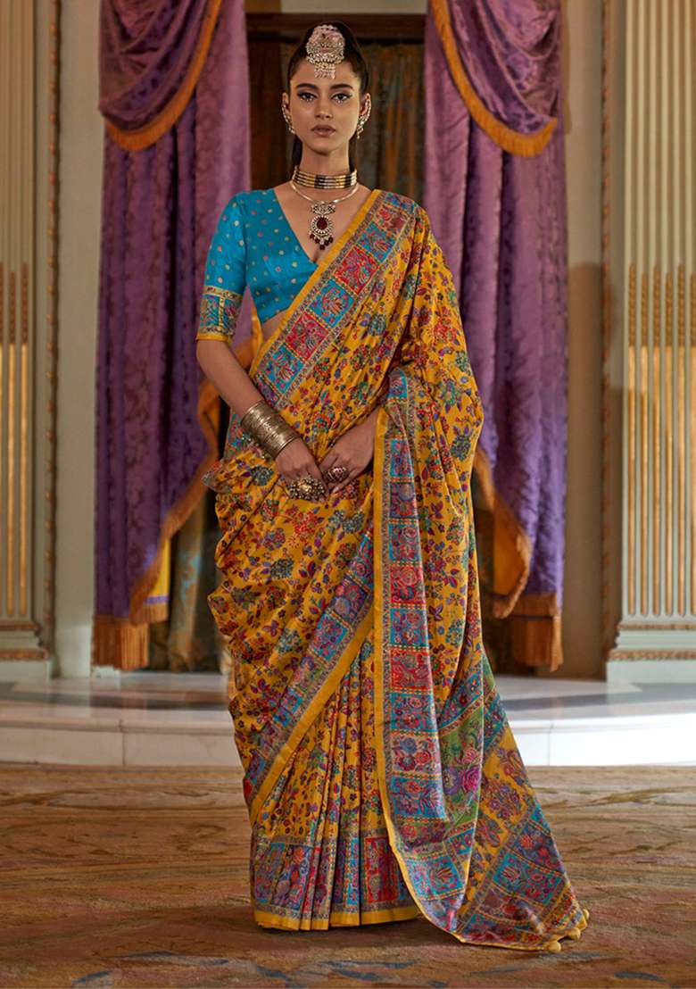Yellow Embroidery Viscose Saree Set - Indya