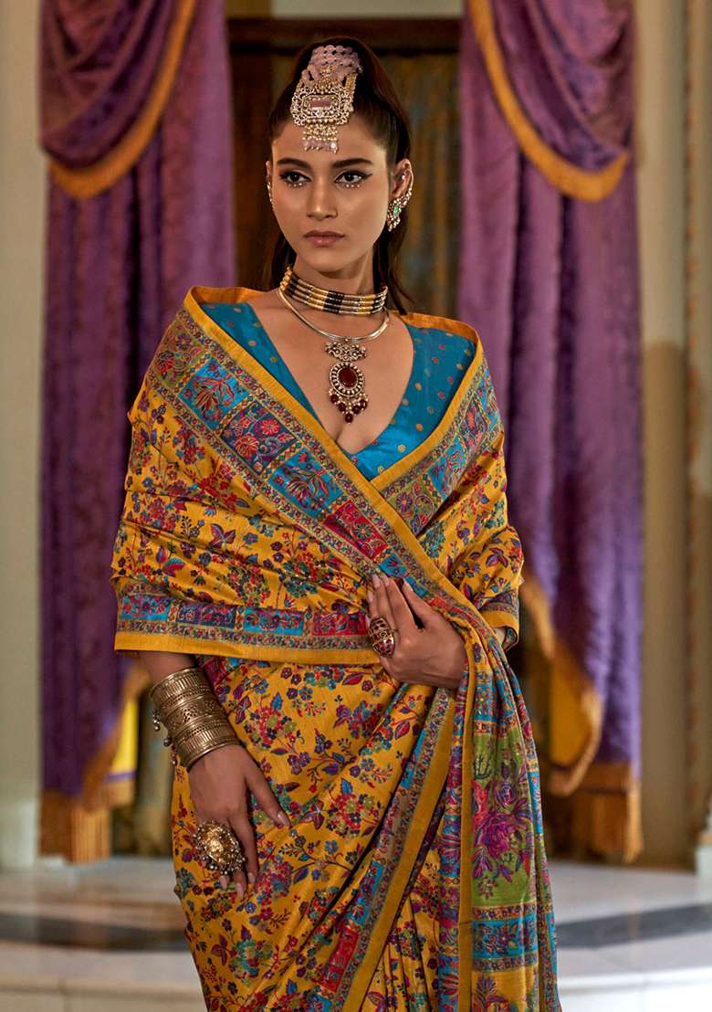 Yellow Embroidery Viscose Saree Set - Indya