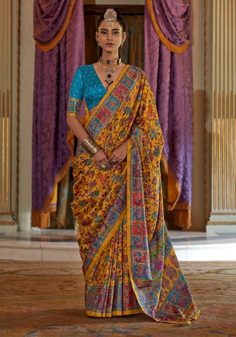 Yellow Embroidery Viscose Saree Set