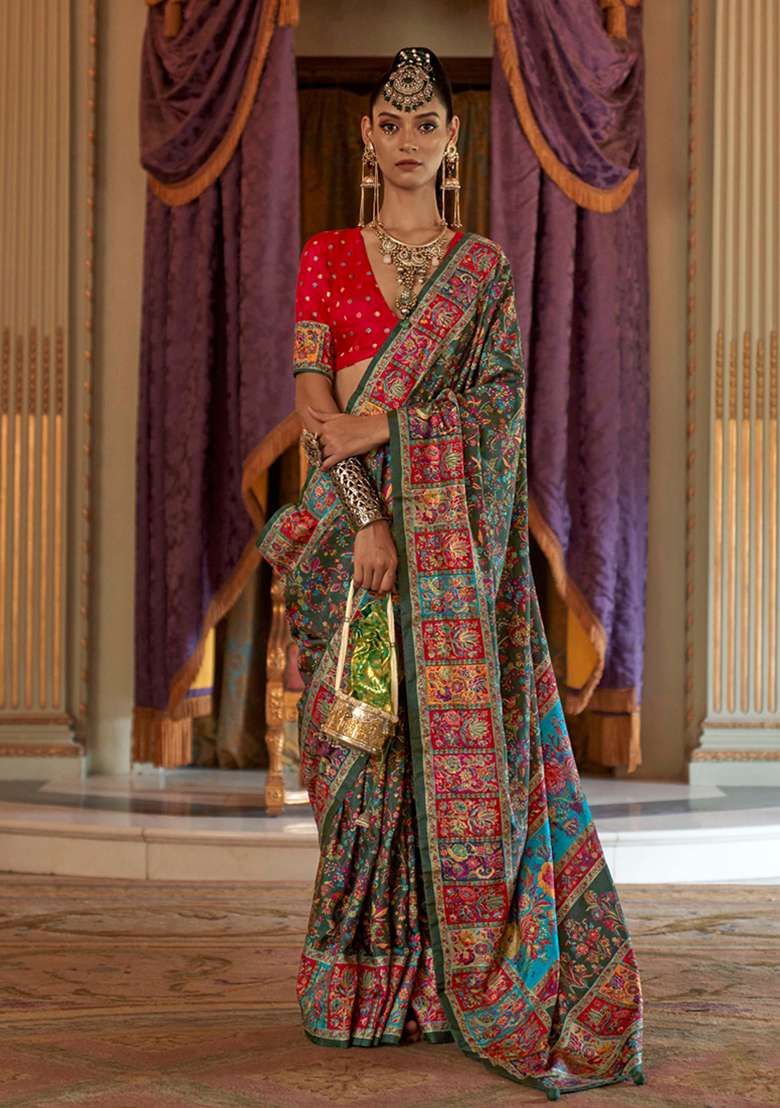 Green Embroidery Viscose Saree Set - Indya