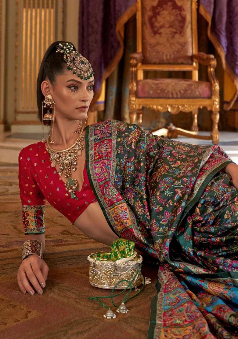 Green Embroidery Viscose Saree Set - Indya