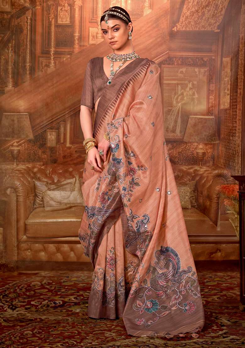 Peach Embroidery Viscose Saree Set - Indya
