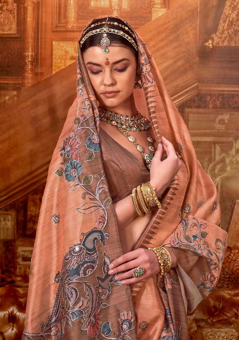 Peach Embroidery Viscose Saree Set - Indya