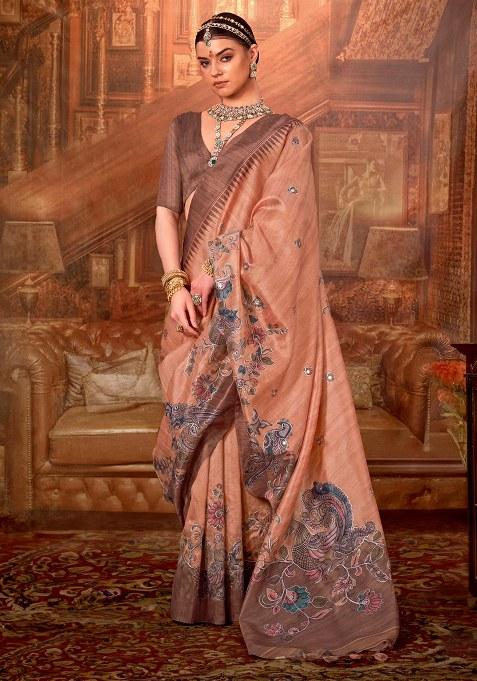 Peach Embroidery Viscose Saree Set
