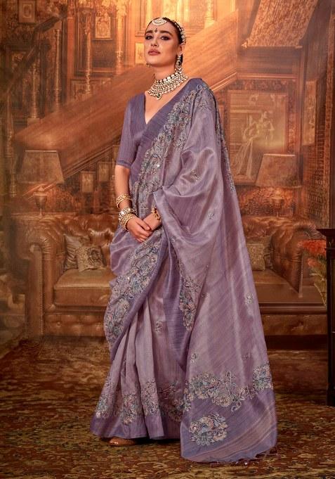 Purple Embroidery Viscose Saree Set