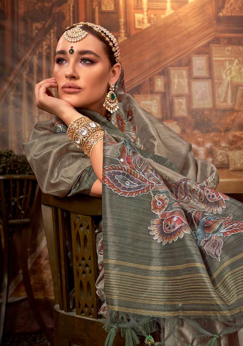 Green Embroidery Viscose Saree Set - Indya