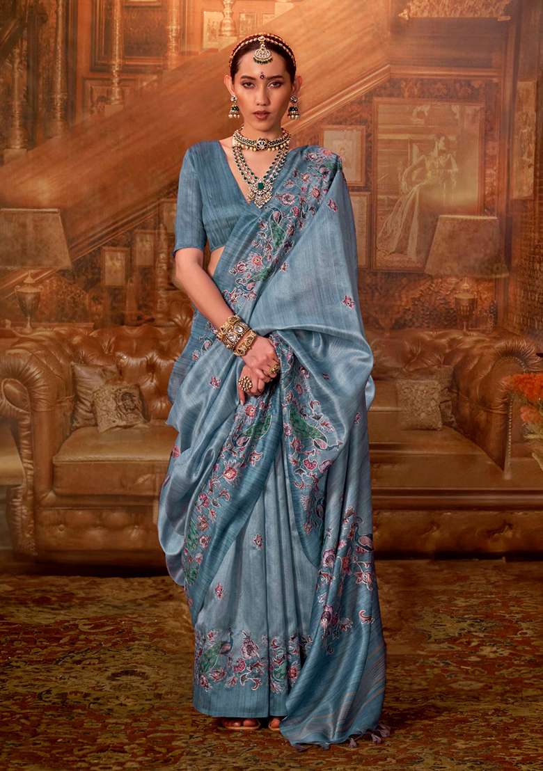 Blue Embroidery Viscose Saree Set - Indya