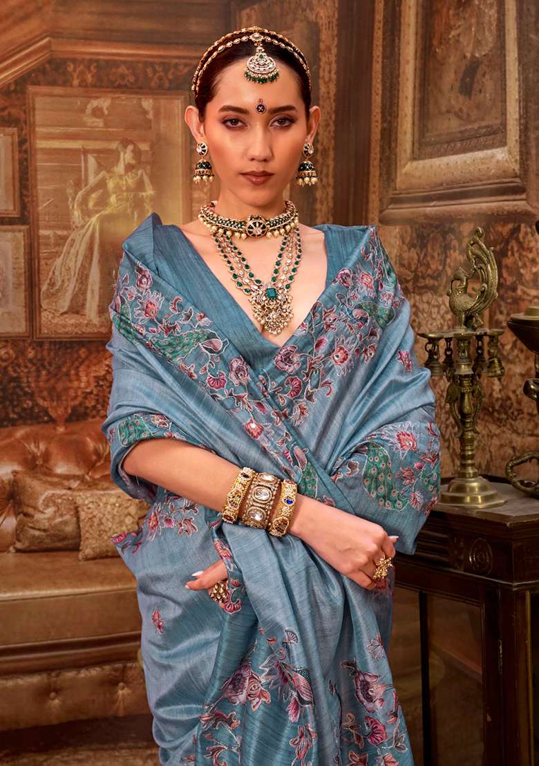 Blue Embroidery Viscose Saree Set - Indya