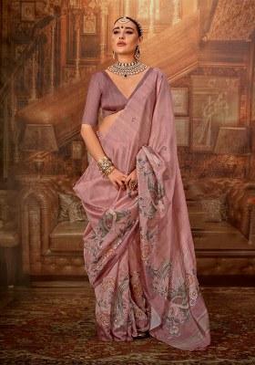 Peach Embroidery Viscose Saree Set
