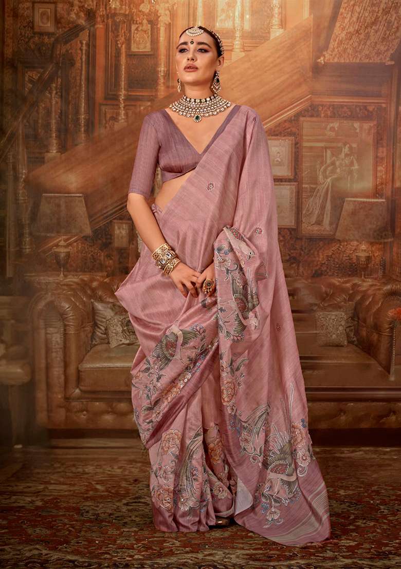 Peach Embroidery Viscose Saree Set - Indya
