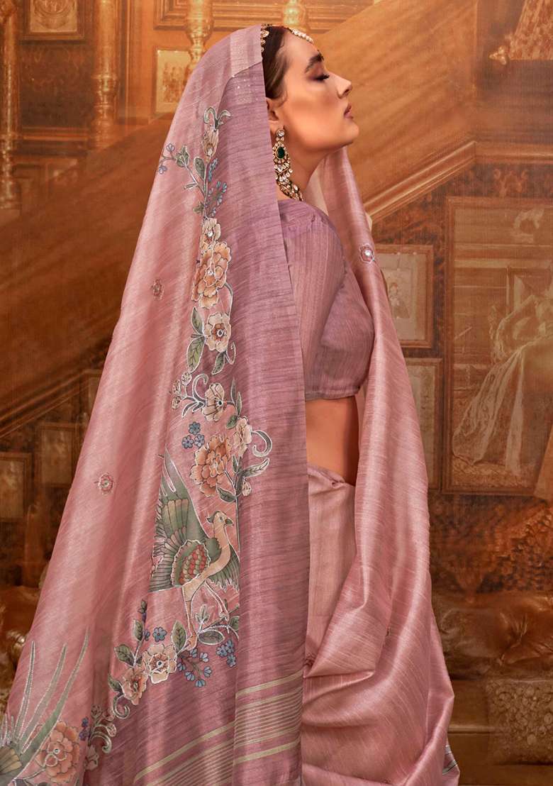 Peach Embroidery Viscose Saree Set - Indya