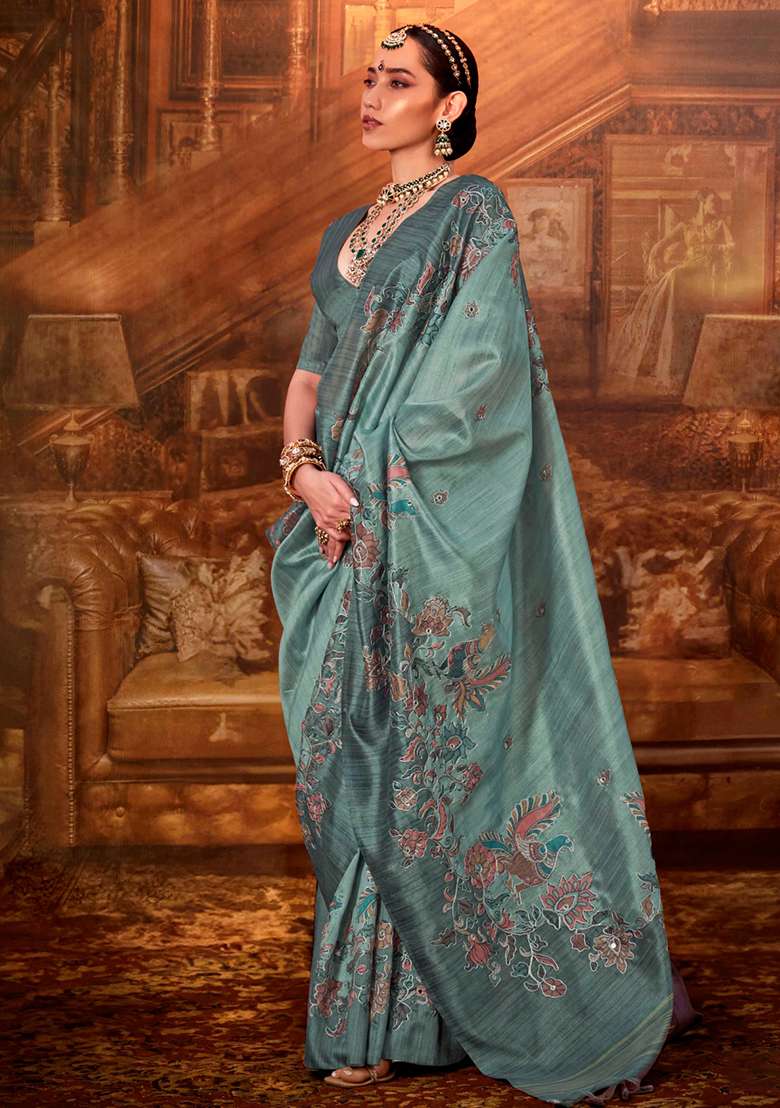 Green Embroidery Viscose Saree Set - Indya