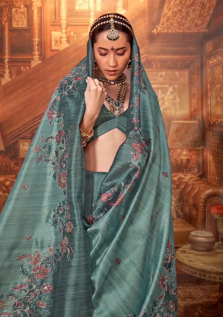Green Embroidery Viscose Saree Set - Indya