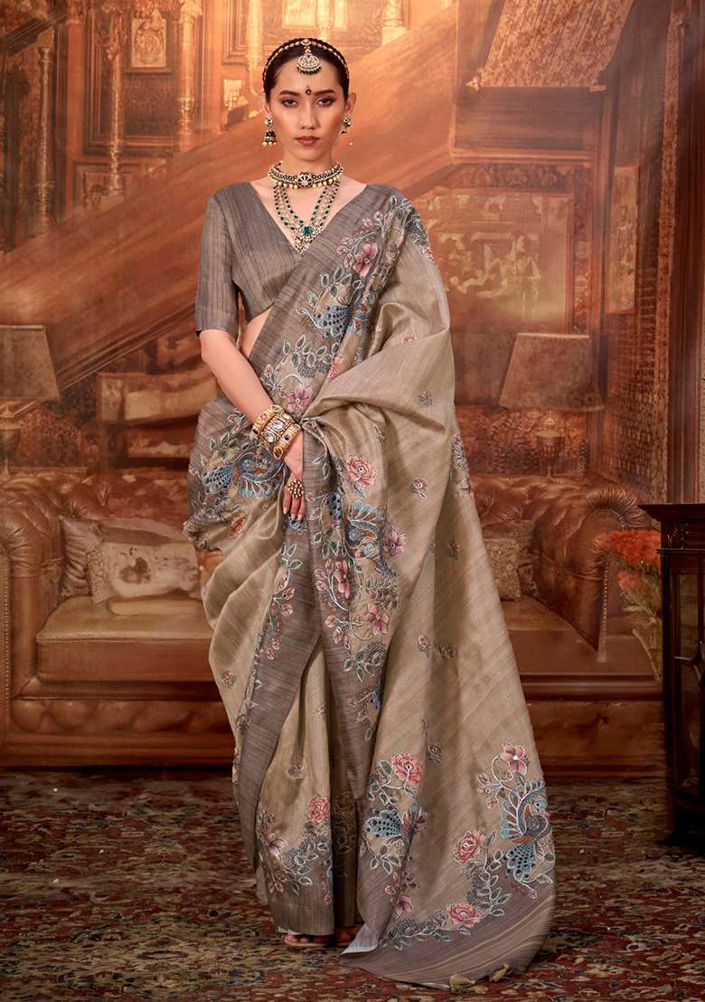Brown Embroidery Viscose Saree Set - Indya