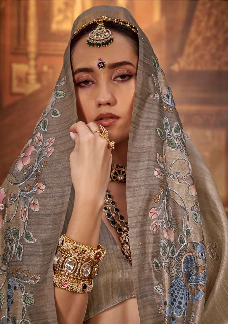 Brown Embroidery Viscose Saree Set - Indya