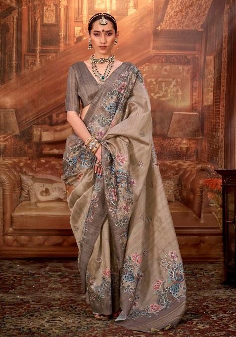 Brown Embroidery Viscose Saree Set