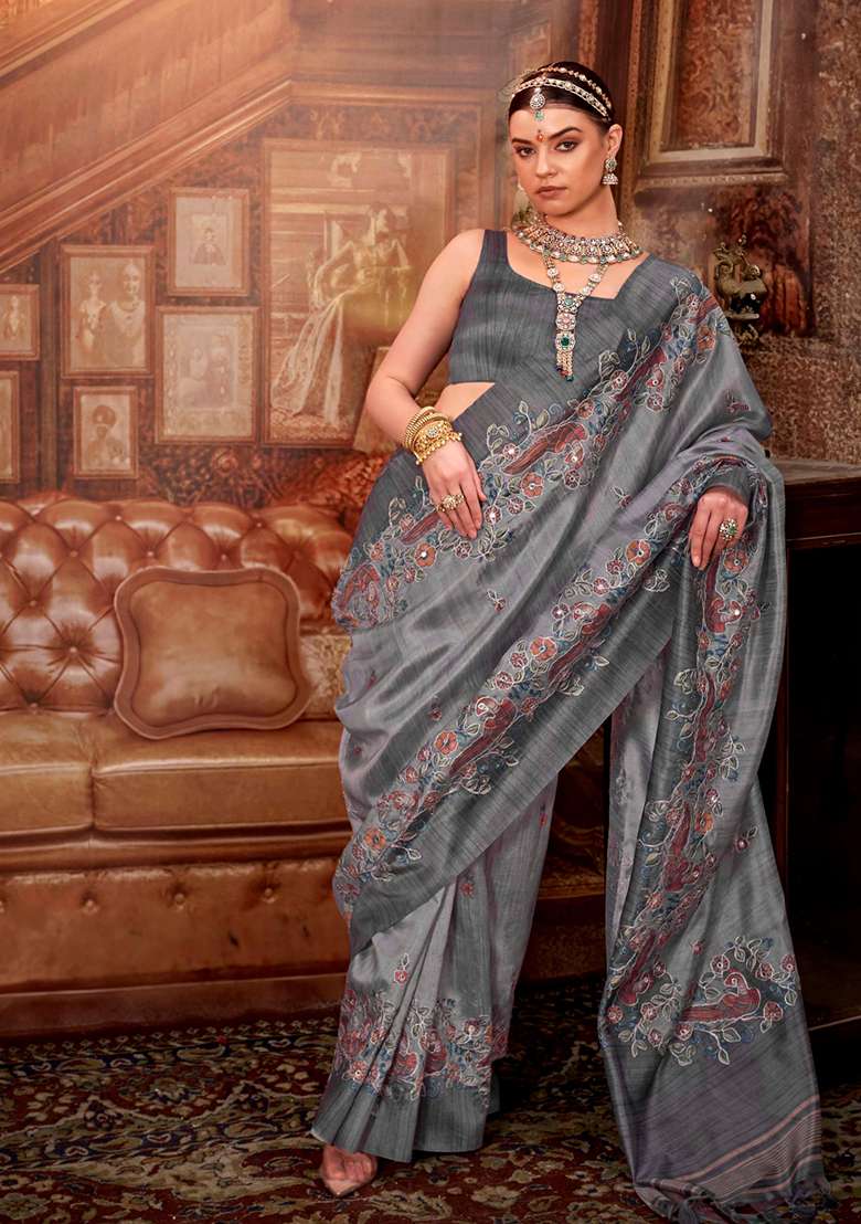 Grey Embroidery Viscose Saree Set - Indya