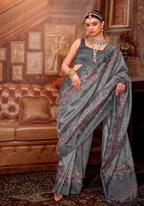 Grey Embroidery Viscose Saree Set