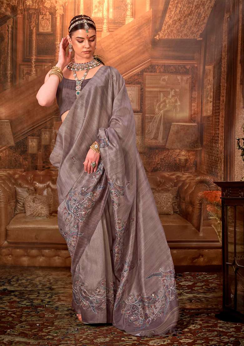 Brown Embroidery Viscose Saree Set - Indya