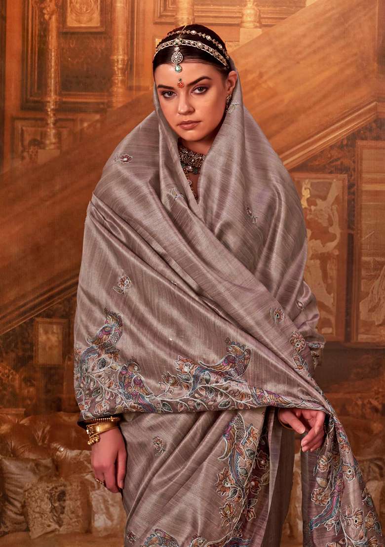 Brown Embroidery Viscose Saree Set - Indya