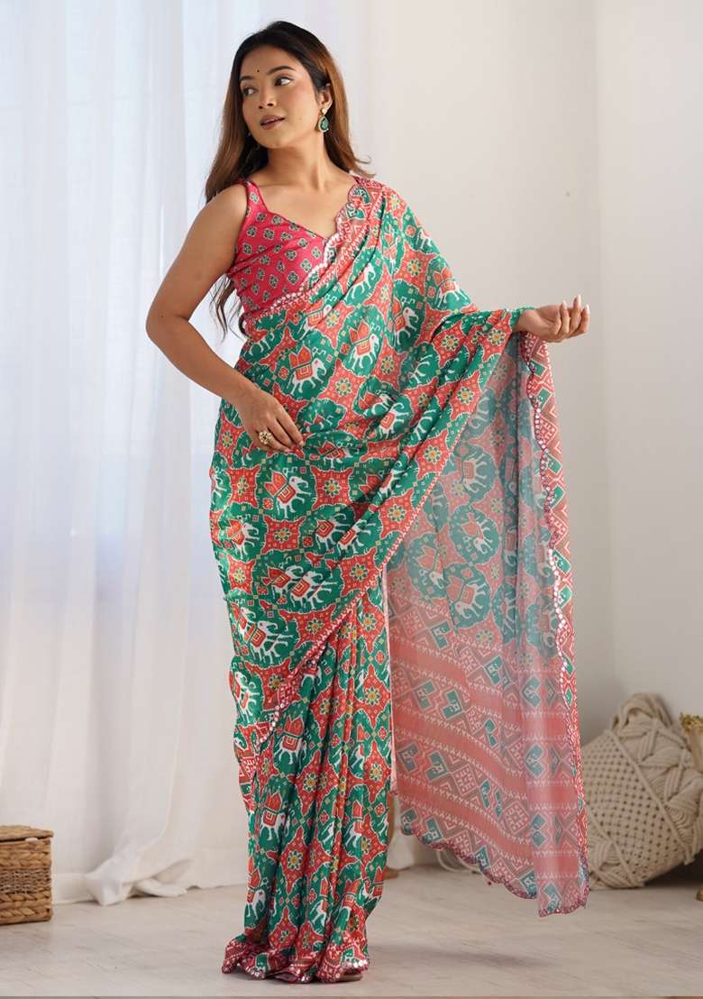 Multicolor Gota Patti Silk Blend Saree Set for Diwali and Festive Wear - Indya
