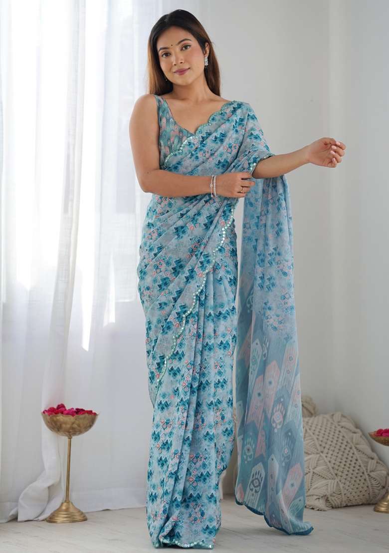 Sky Blue Silk Blend Saree Set with Gota Patti for Diwali | Wedding & Festive Wear - Indya