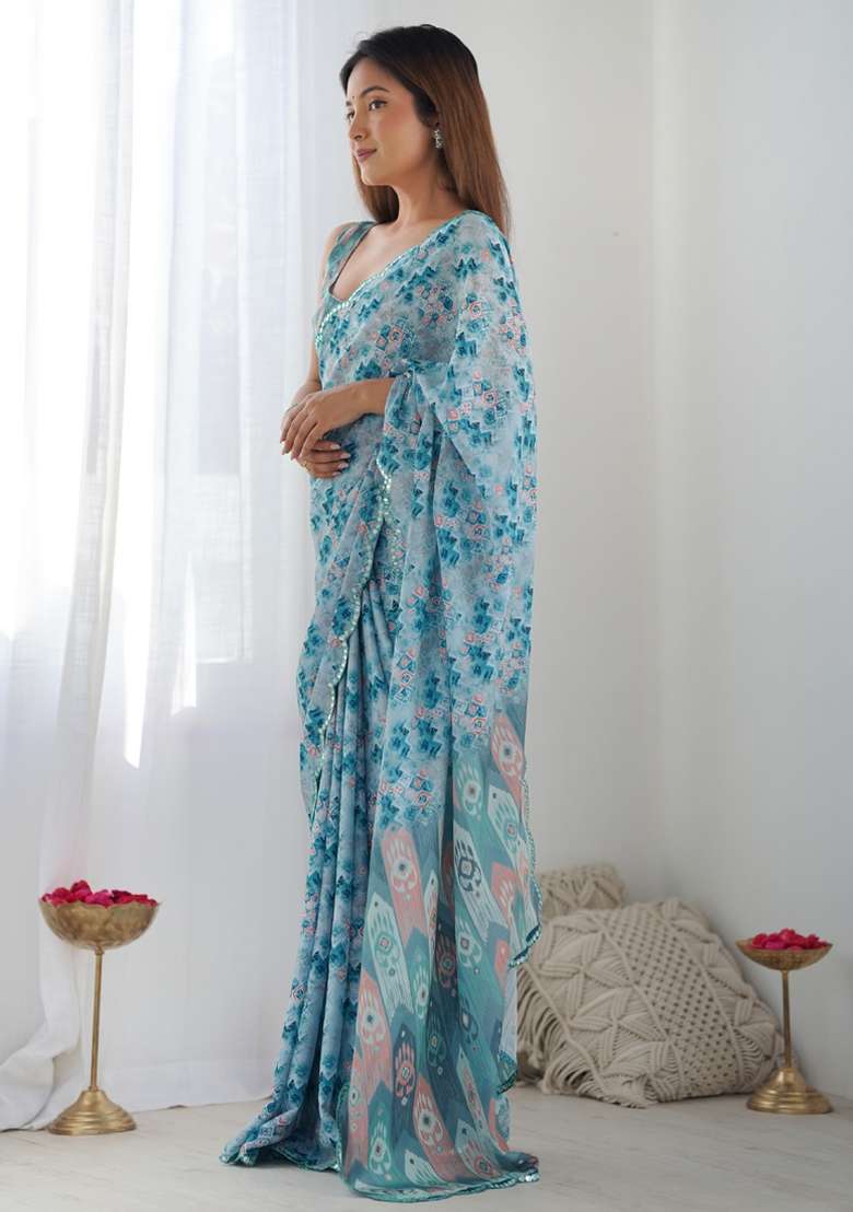 Sky Blue Silk Blend Saree Set with Gota Patti for Diwali | Wedding & Festive Wear - Indya