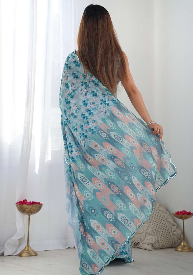 Sky Blue Silk Blend Saree Set with Gota Patti for Diwali | Wedding & Festive Wear - Indya