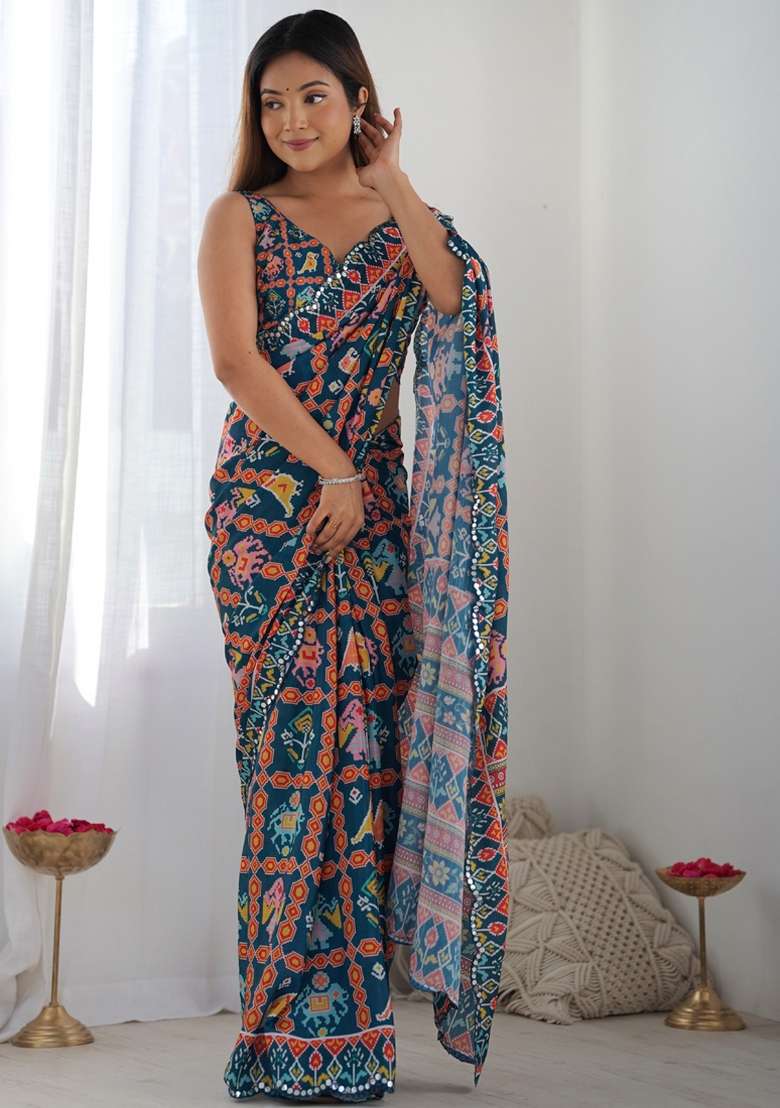 Blue Silk Blend Saree Set with Gota Patti for Diwali | Wedding & Festive Wear - Indya