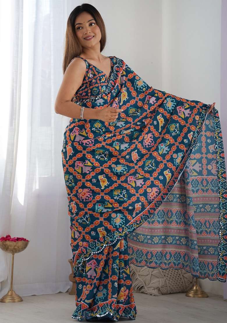 Blue Silk Blend Saree Set with Gota Patti for Diwali | Wedding & Festive Wear - Indya