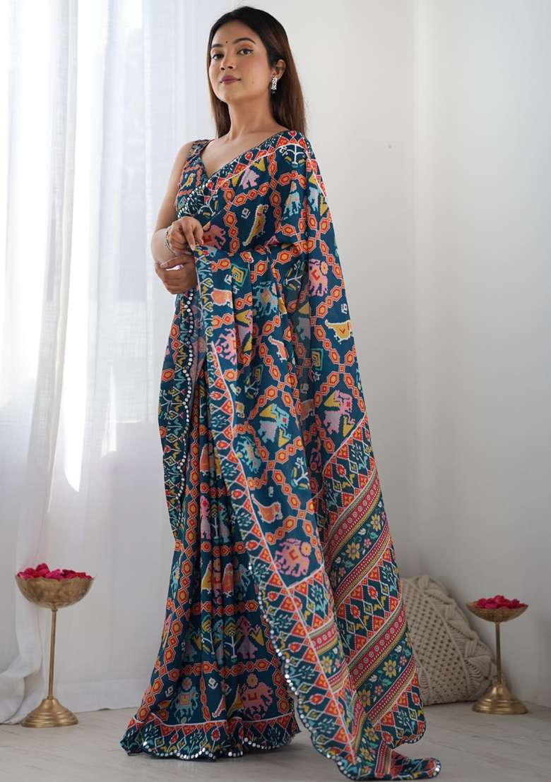 Blue Silk Blend Saree Set with Gota Patti for Diwali | Wedding & Festive Wear - Indya