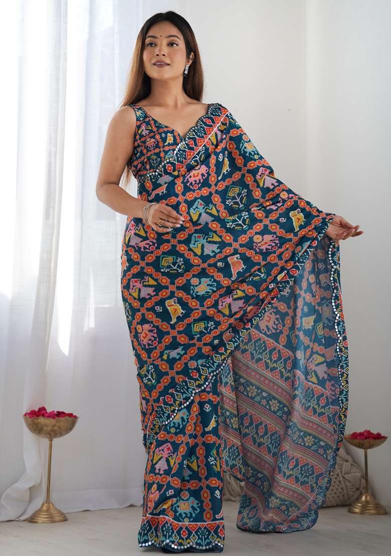 Blue Silk Blend Saree Set with Gota Patti for Diwali | Wedding & Festive Wear - Indya