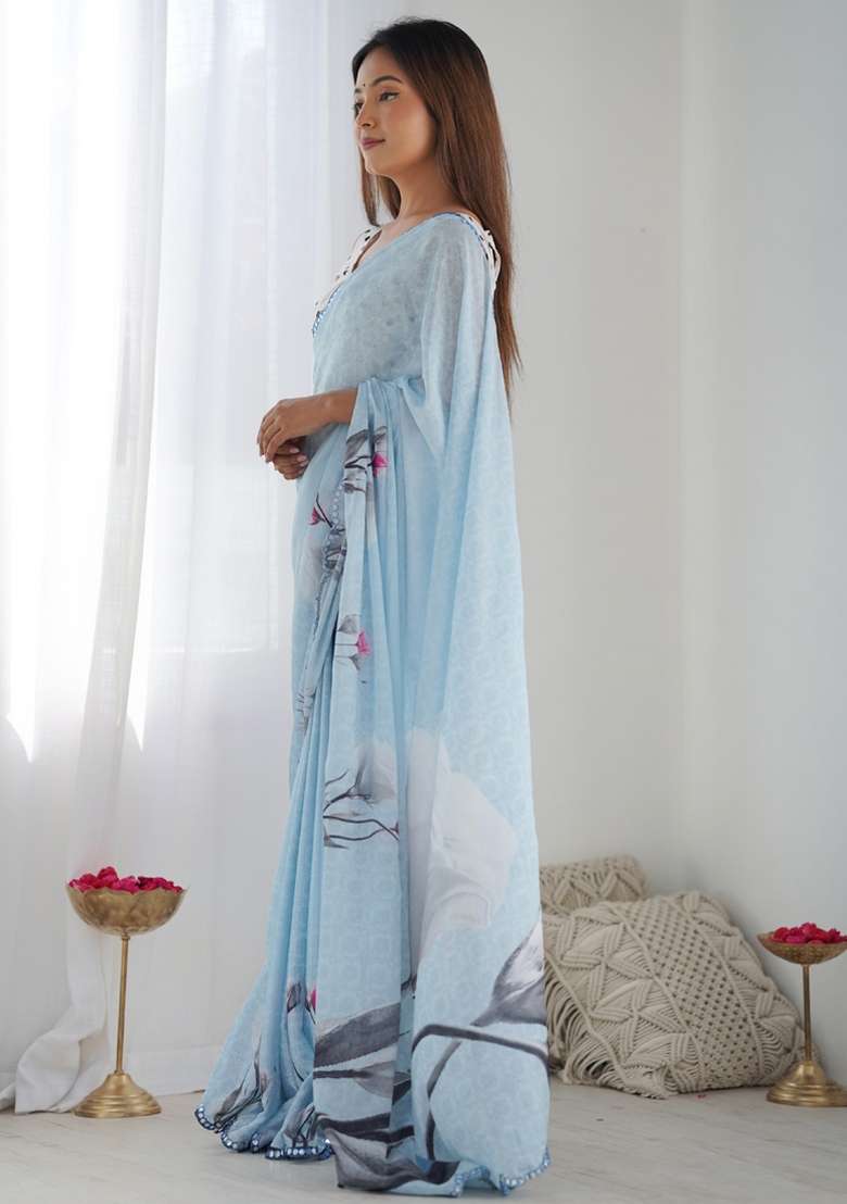 Sky Blue Gota Patti Silk Blend Saree Set for Diwali and Festive Wear - Indya