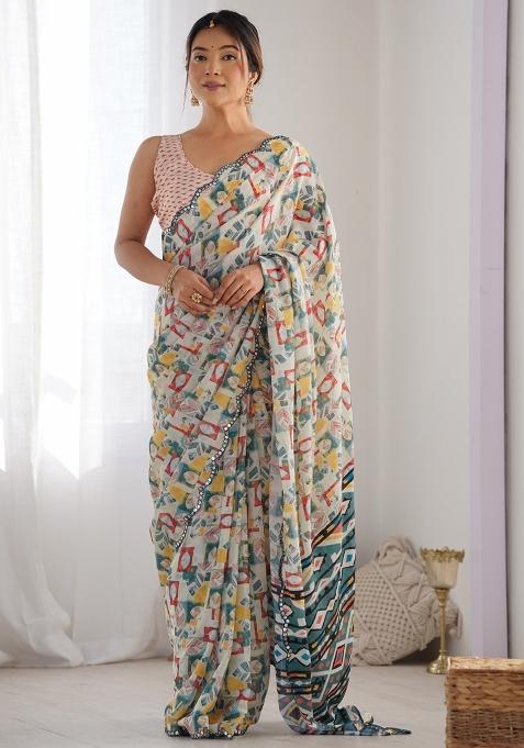 Off White Gota Patti Silk Saree Set