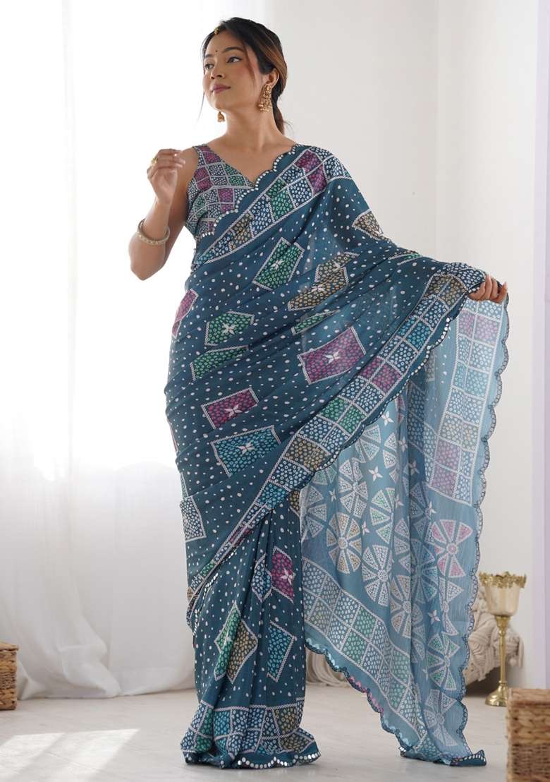 Blue Silk Blend Saree Set with Gota Patti for Diwali | Wedding & Festive Wear - Indya