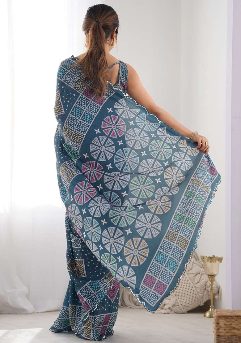 Blue Silk Blend Saree Set with Gota Patti for Diwali | Wedding & Festive Wear - Indya