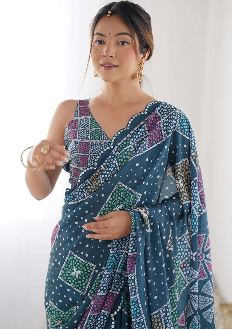 Blue Silk Blend Saree Set with Gota Patti for Diwali | Wedding & Festive Wear - Indya