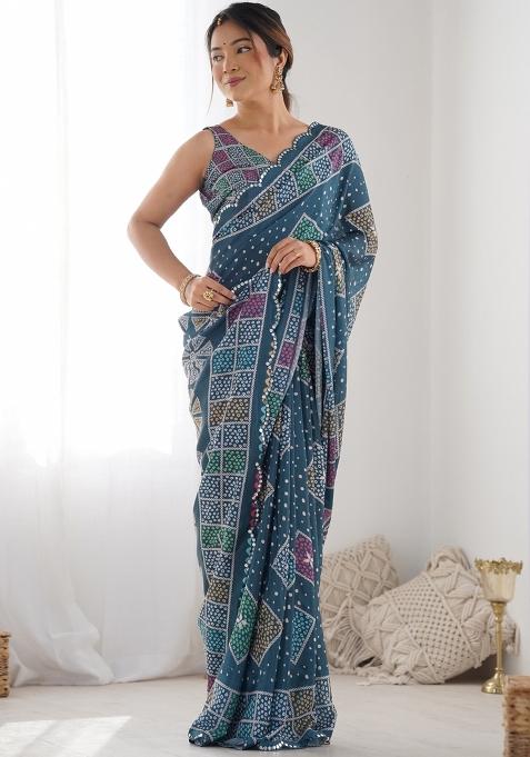 Blue Gota Patti Silk Saree Set