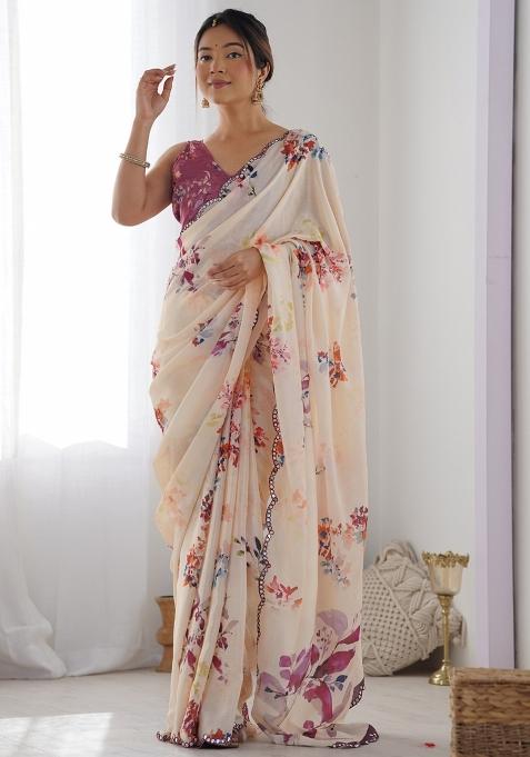 Cream Gota Patti Silk Saree Set
