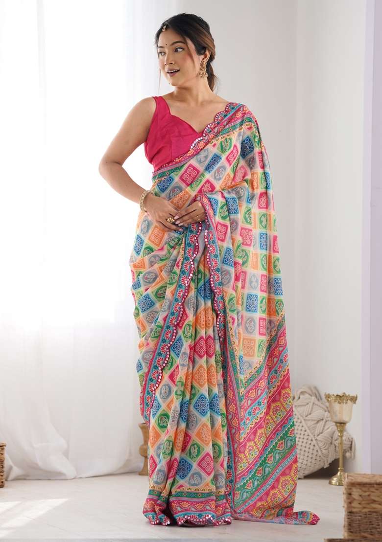 Multicolor Gota Patti Silk Blend Saree Set for Diwali and Festive Wear - Indya