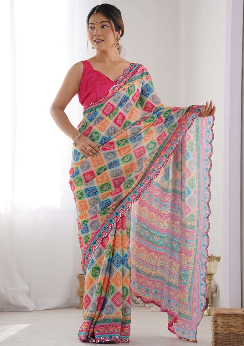 Multicolor Gota Patti Silk Blend Saree Set for Diwali and Festive Wear - Indya