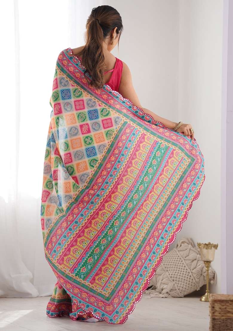 Multicolor Gota Patti Silk Blend Saree Set for Diwali and Festive Wear - Indya