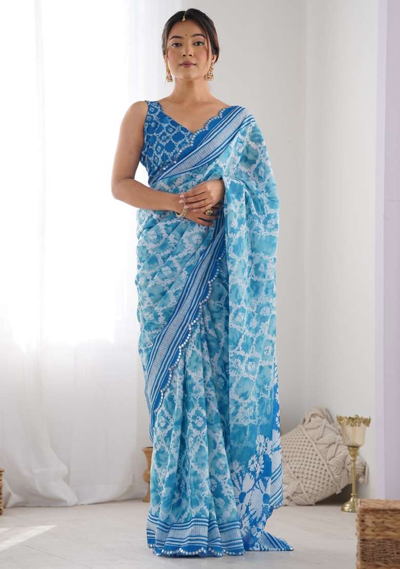 Sky Blue Silk Blend Saree Set with Gota Patti for Diwali | Wedding & Festive Wear - Indya