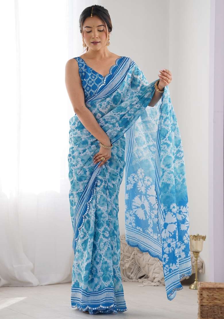 Sky Blue Silk Blend Saree Set with Gota Patti for Diwali | Wedding & Festive Wear - Indya