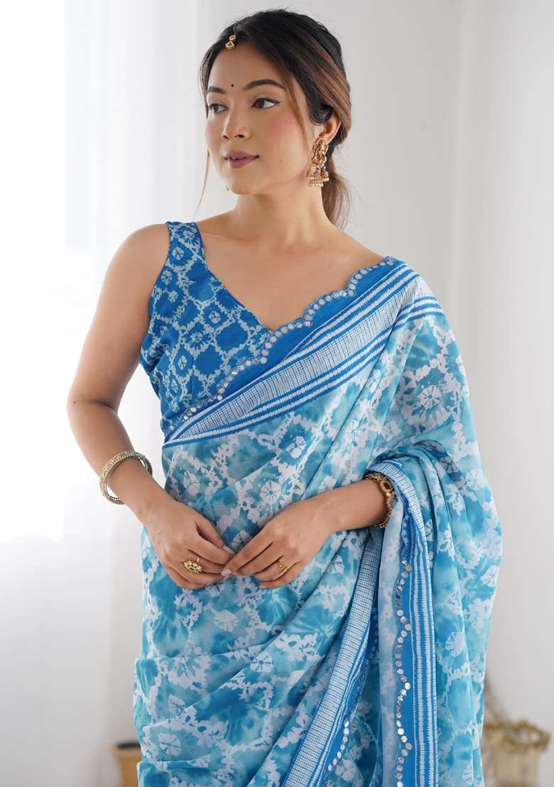 Sky Blue Silk Blend Saree Set with Gota Patti for Diwali | Wedding & Festive Wear - Indya